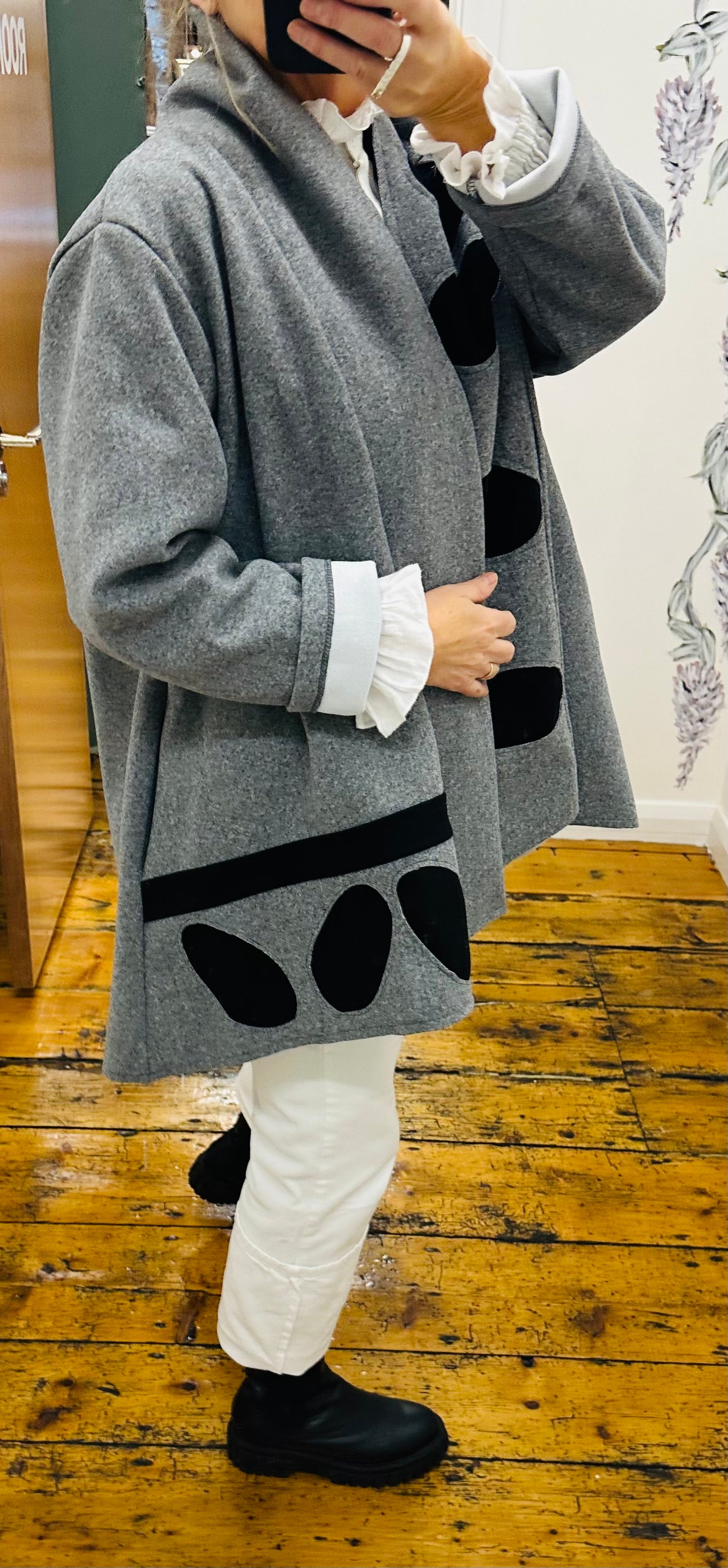 “Vivion “ pebble Italian swing coat marl grey and black wool mix coat