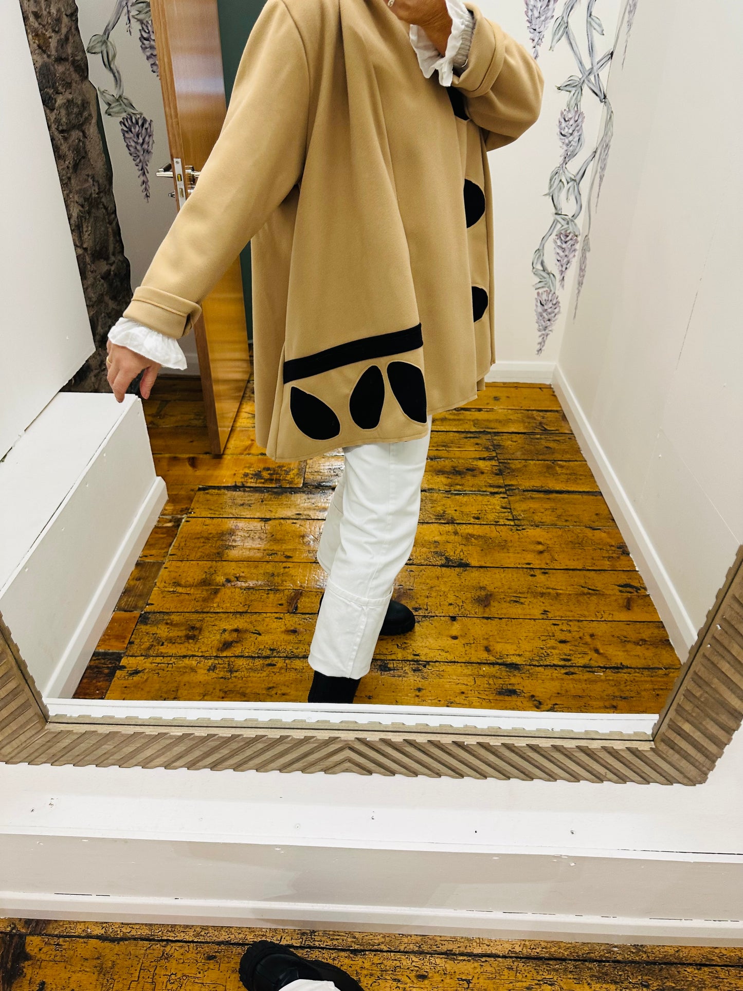 “Vivion “ camel and black pebble design italian swing wool mix coat