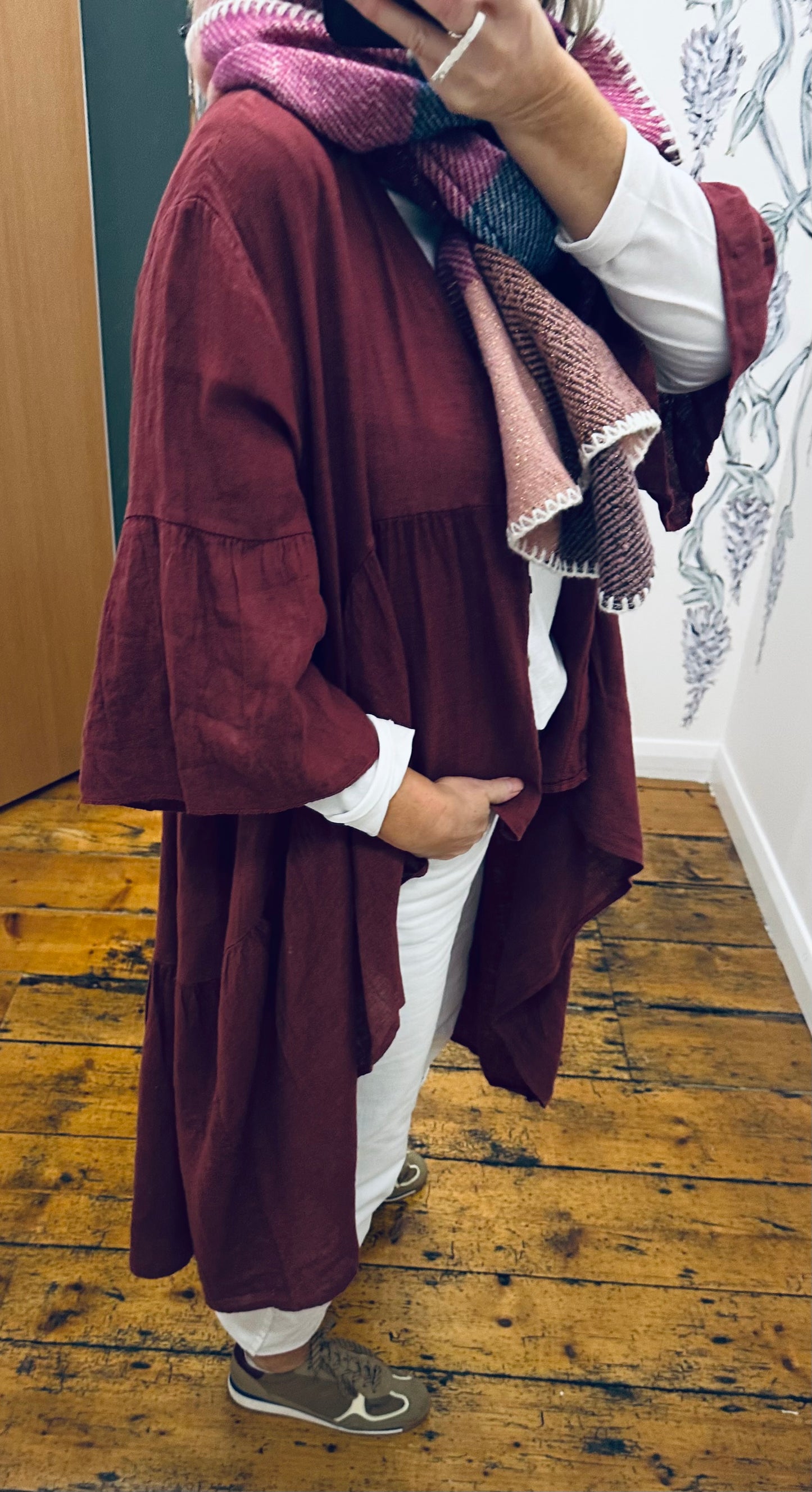 “Renee” Bordeaux Italian linen hi lo dress shirt