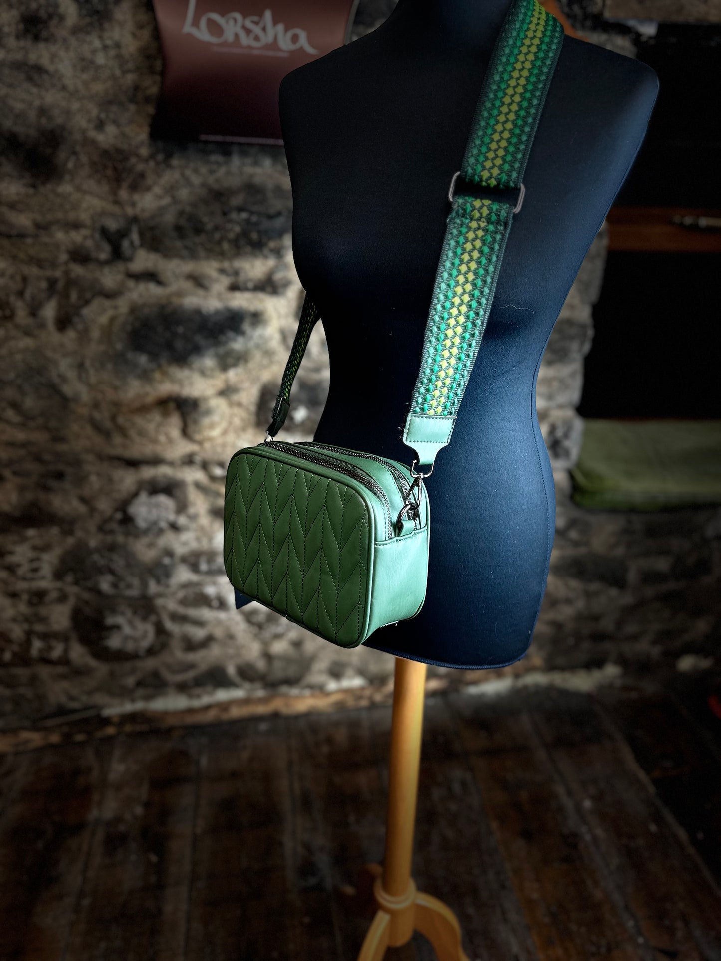 “Rachel “ Forest green vegan crossover box bag with statement strap