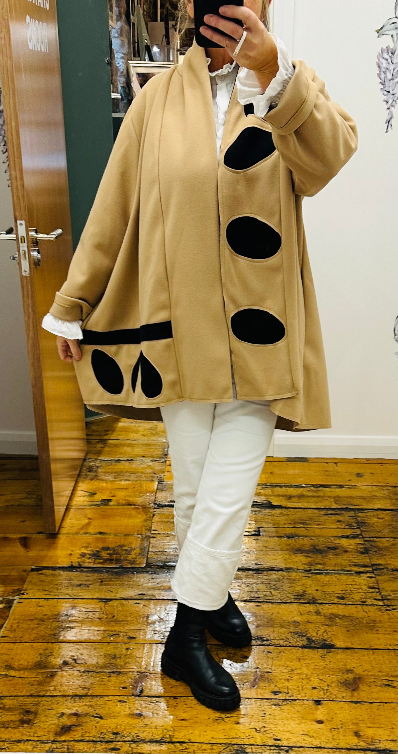 “Vivion “ camel and black pebble design italian swing wool mix coat