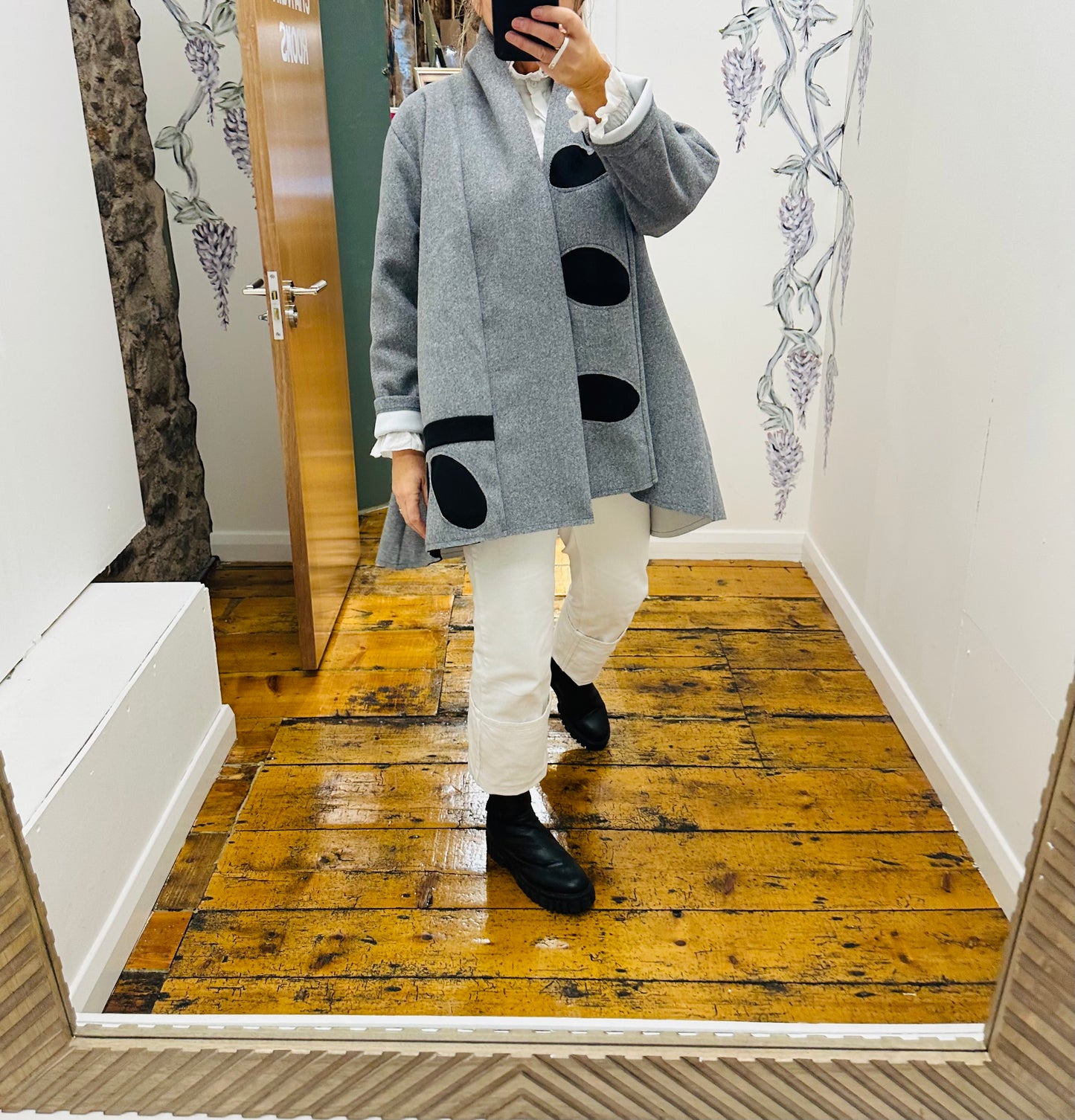 “Vivion “ pebble Italian swing coat marl grey and black wool mix coat