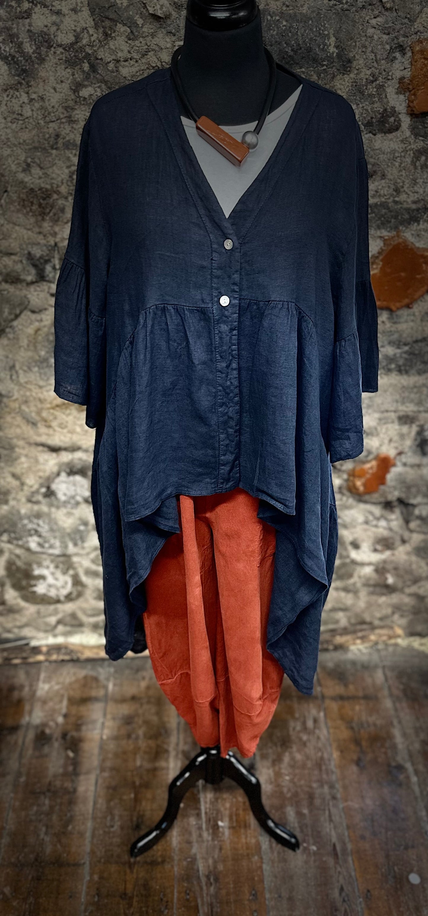 “Renee “ Italian linen indigo hi lo dress shirt