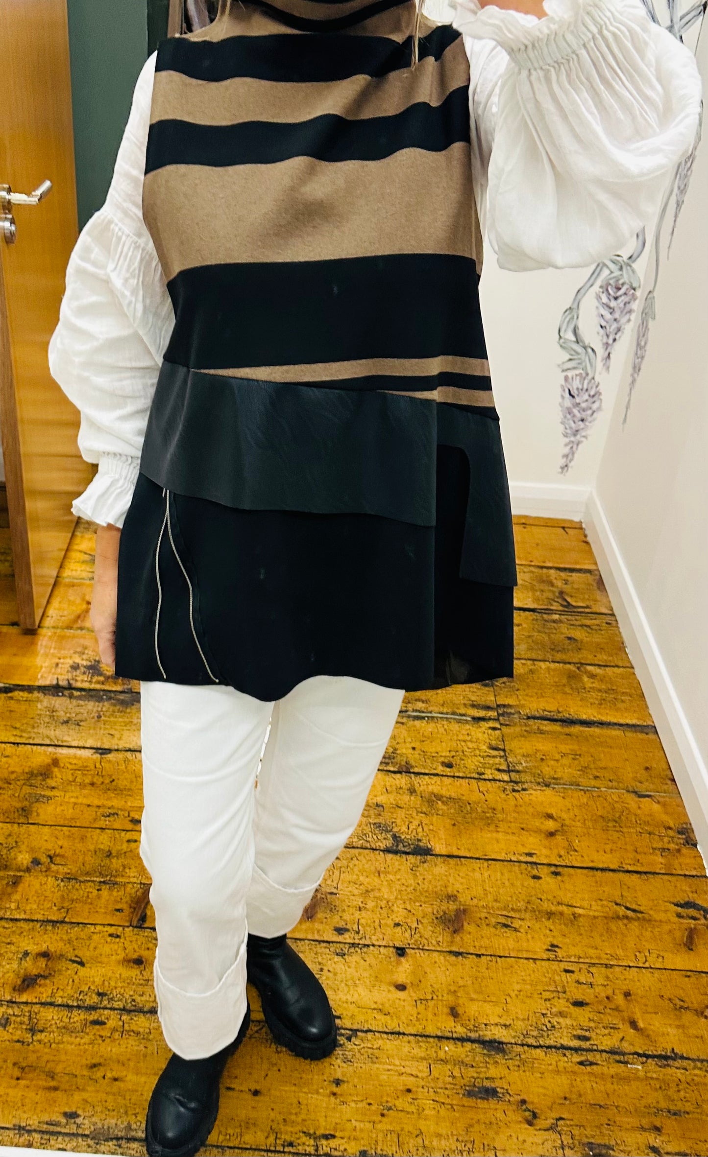 “Jenni “ mocha and ebony Italian hi lo funnel neck tunic