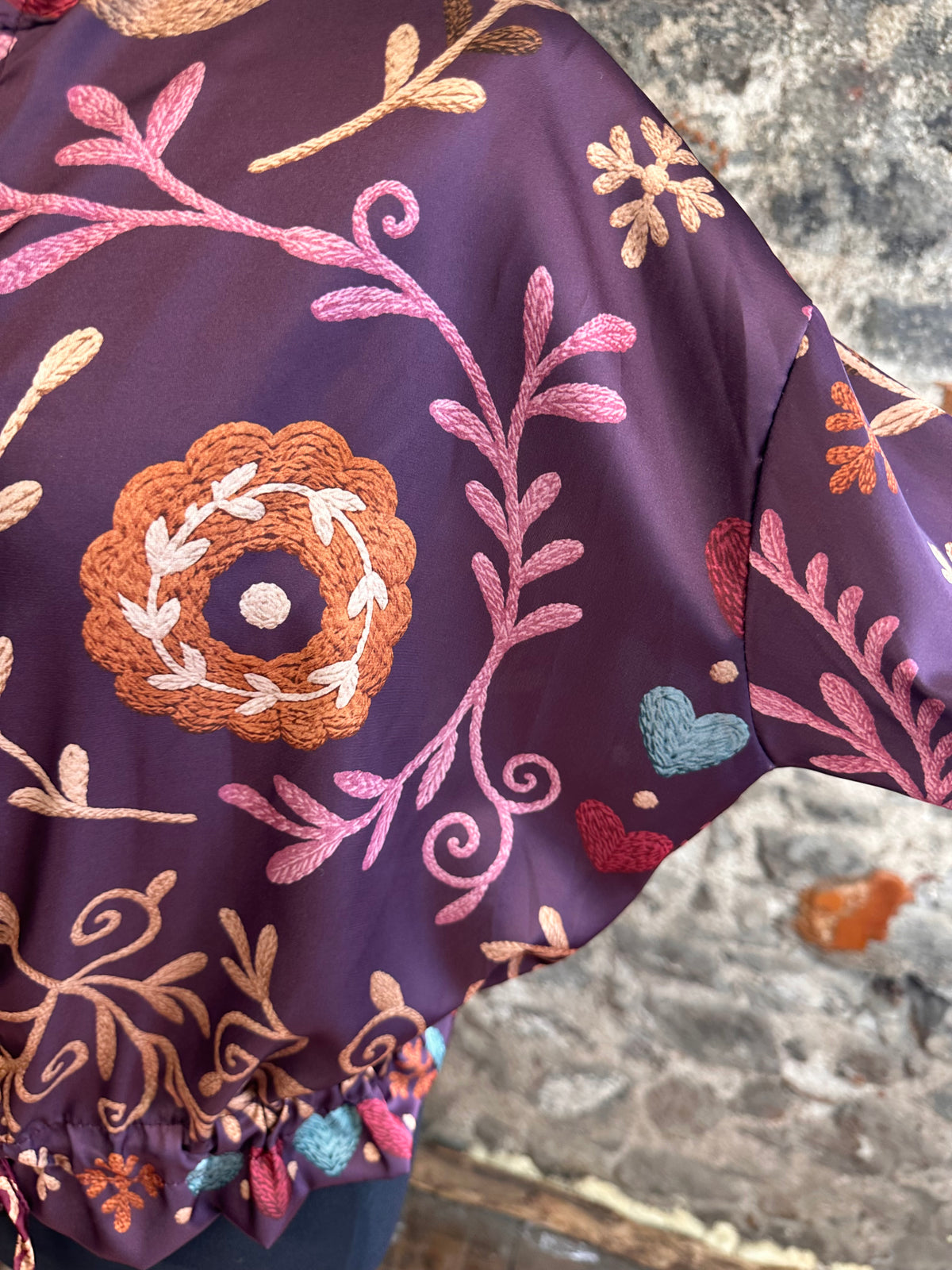 “Ellis “ plum Poly silk light print Italian bomber jacket