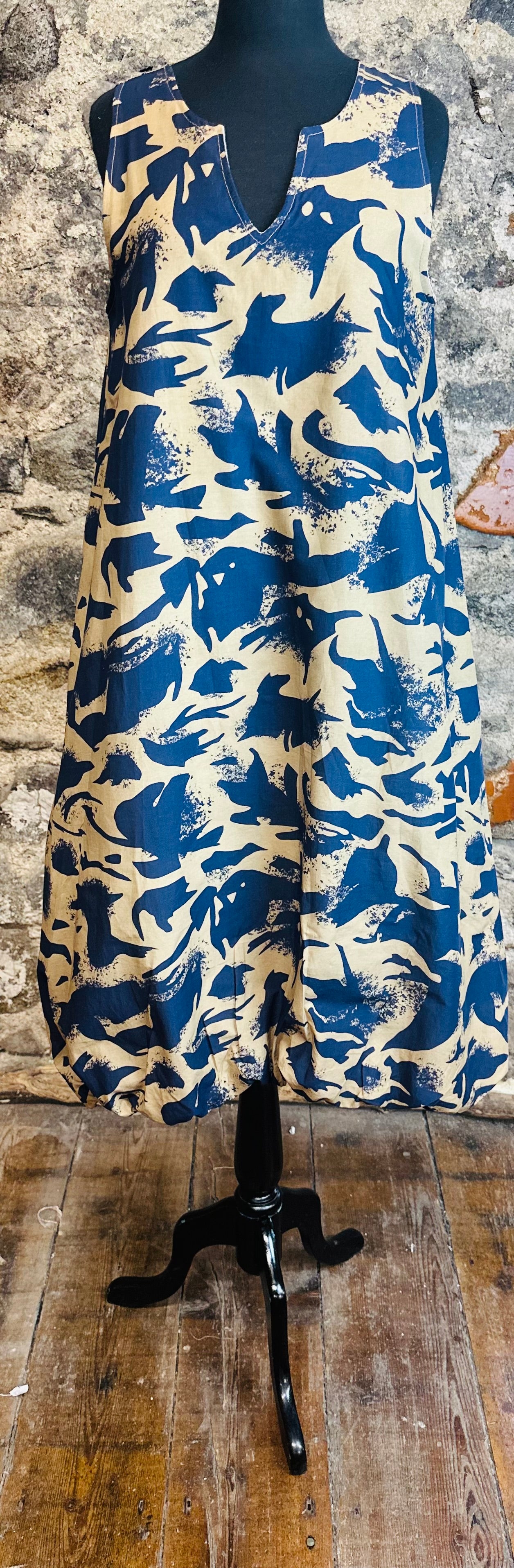“Mabel “ Italian indigo and orchre puffball summer dress