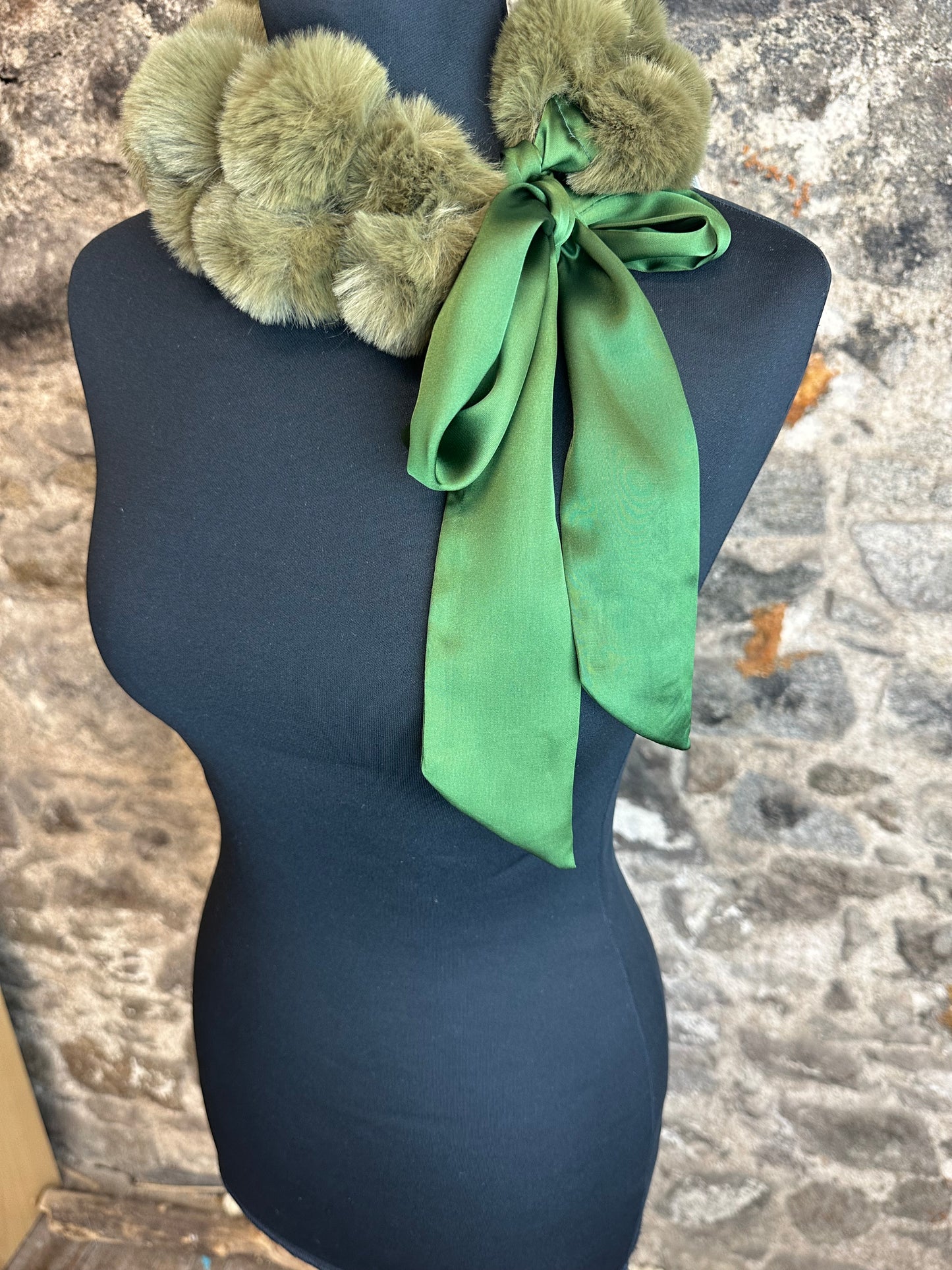 “Esther” satin tie vegan fur forest green collar