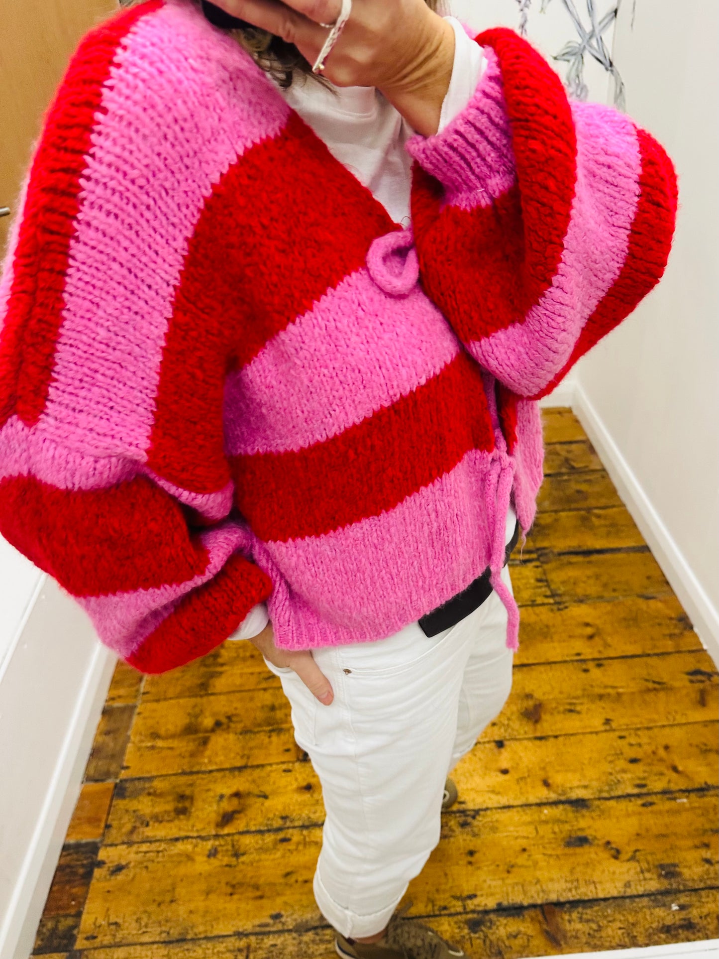“Safia” pink and red stripe cosey cardi