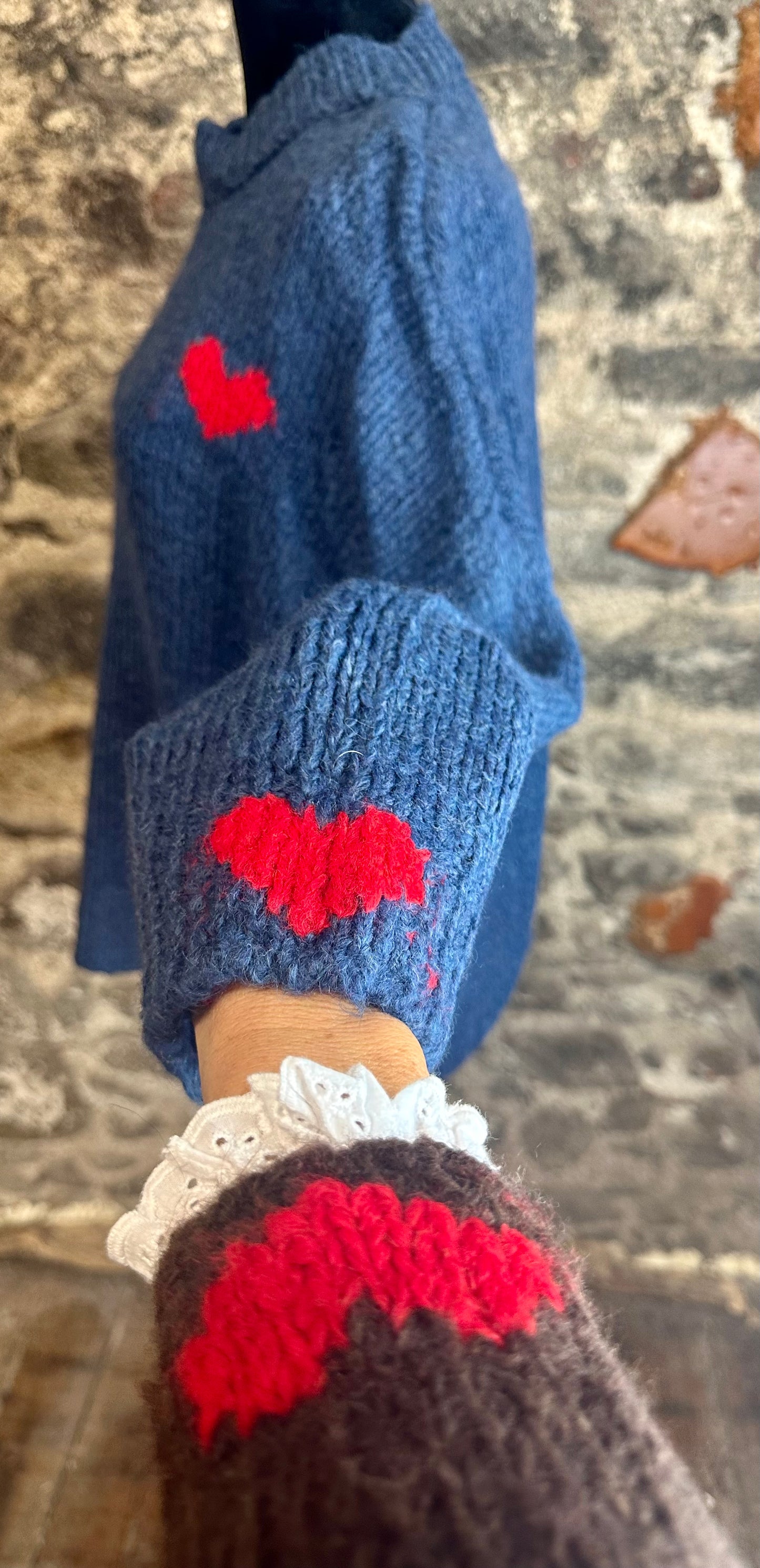 “Evie “ denim blue little red ♥️heart Italian loose knit