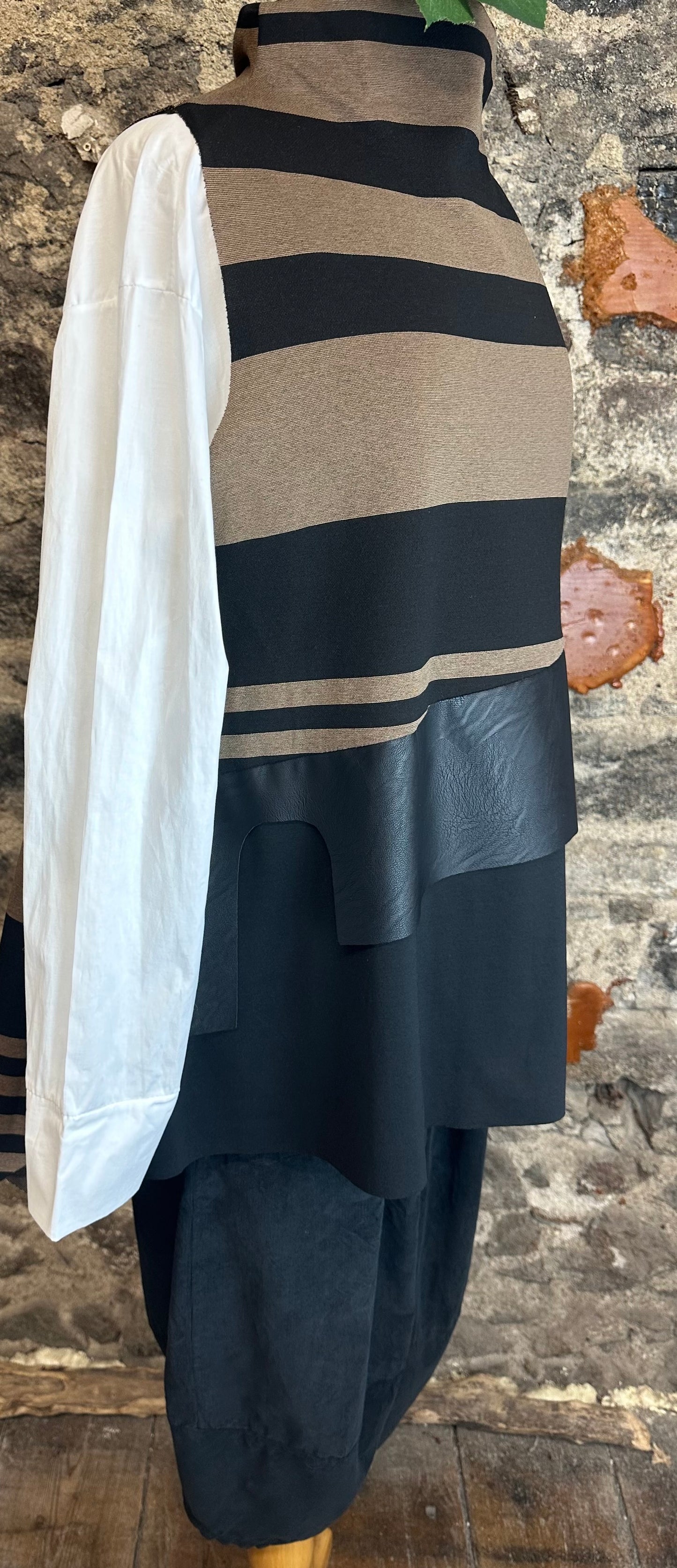 “Jenni “ mocha and ebony Italian hi lo funnel neck tunic