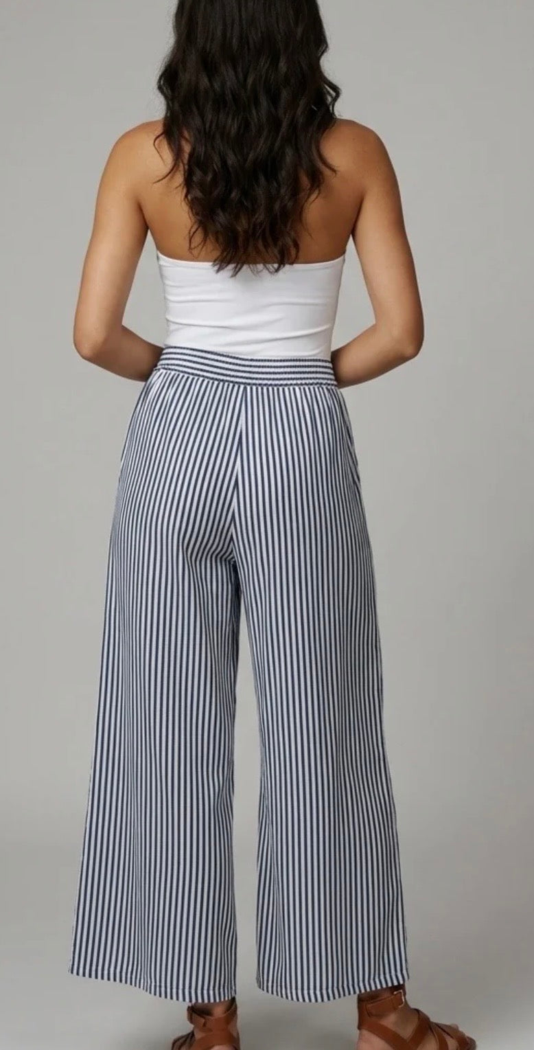 “Sandie” navy and white pinstriped Italian linen mix pants