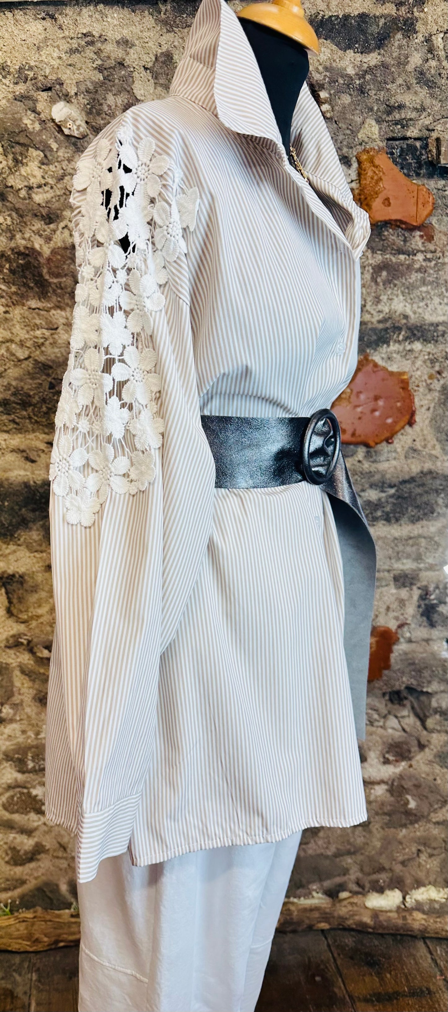 “Clara “ taupe Italian Bretton stripe dress shirt