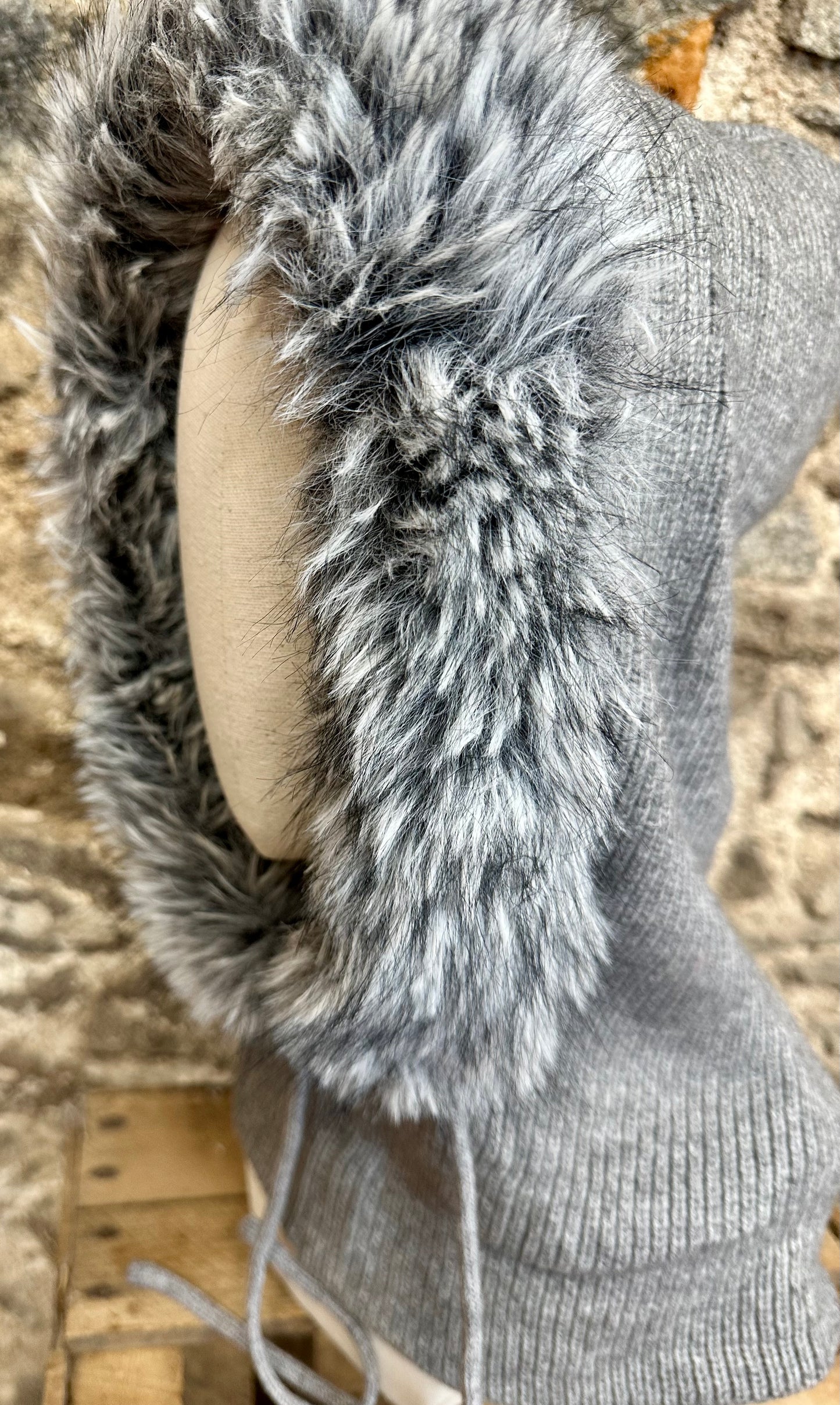 “Claudia “ dove grey vegan fur knit hood snood