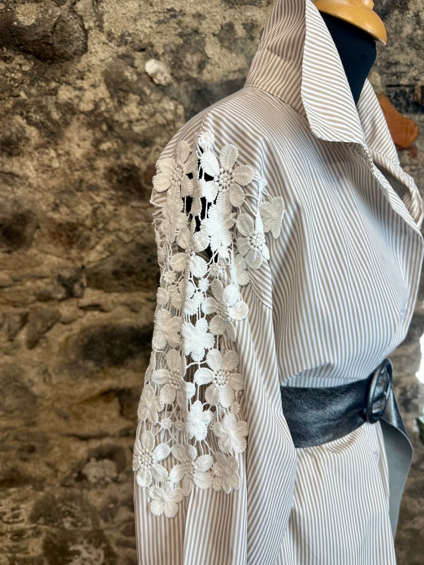 “Clara “ taupe Italian Bretton stripe dress shirt