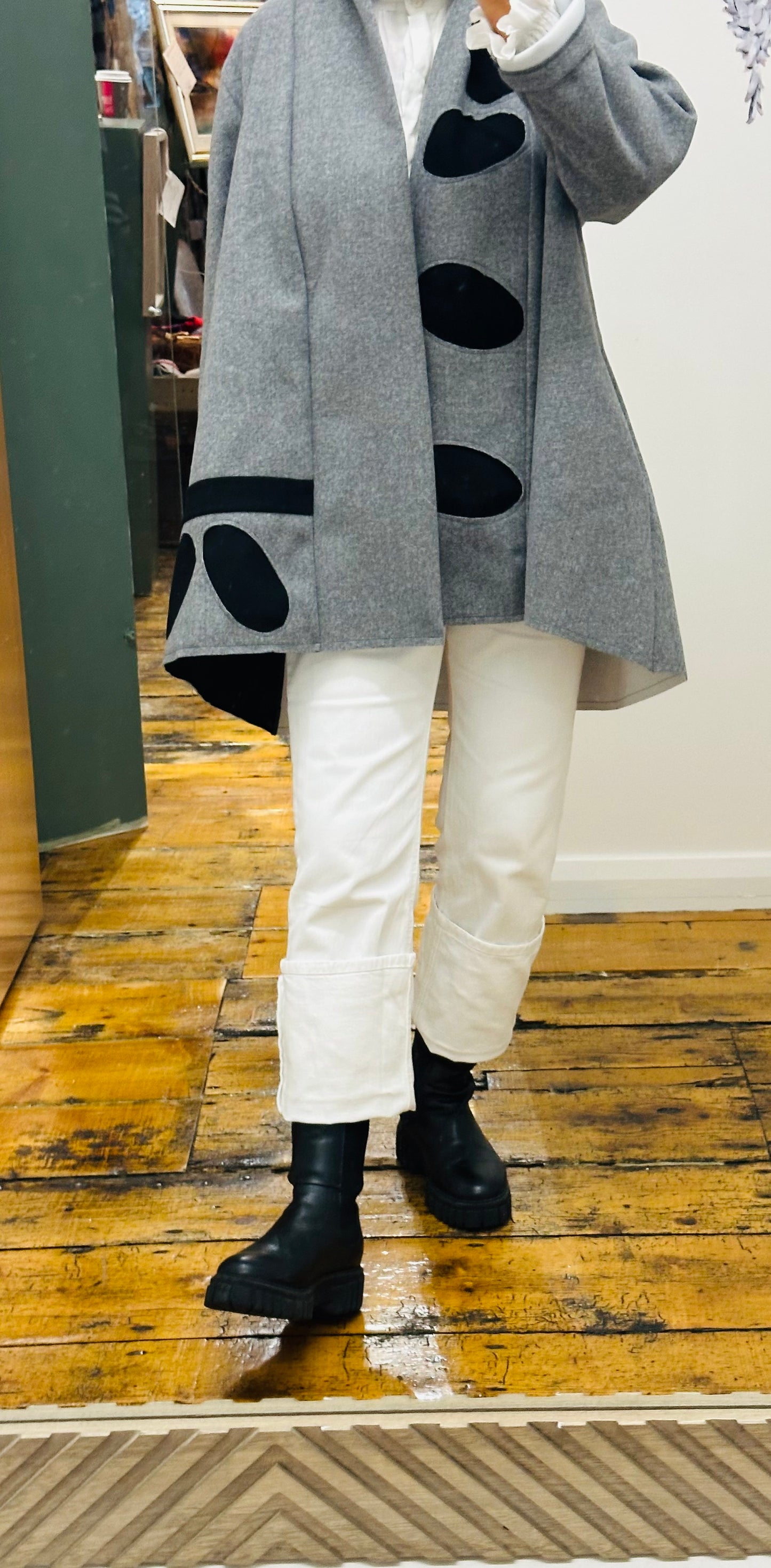 “Vivion “ pebble Italian swing coat marl grey and black wool mix coat