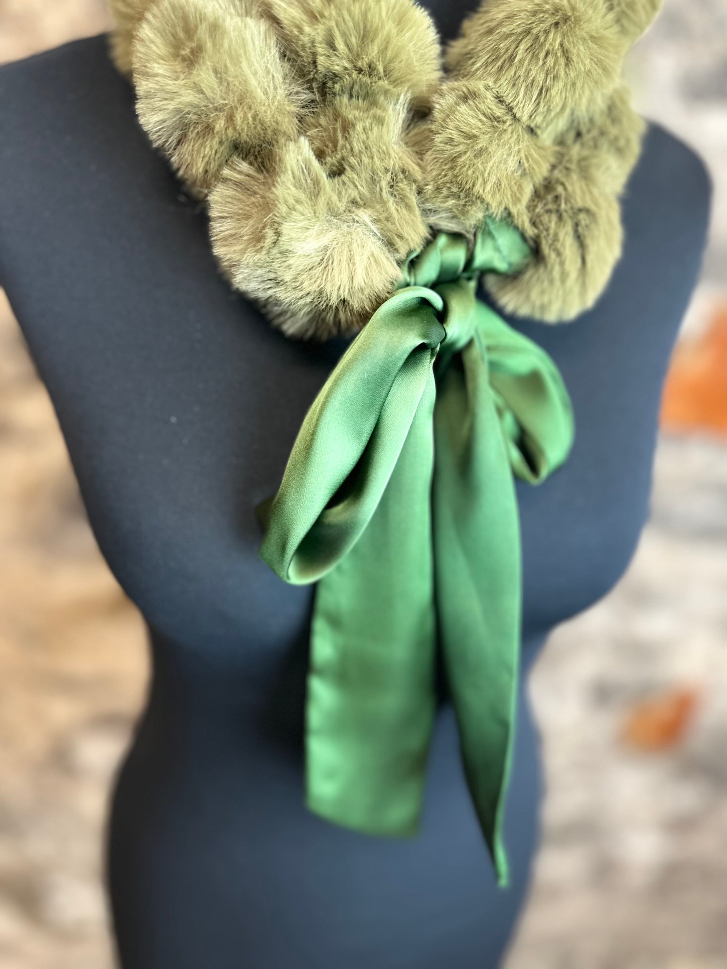 “Esther” satin tie vegan fur forest green collar