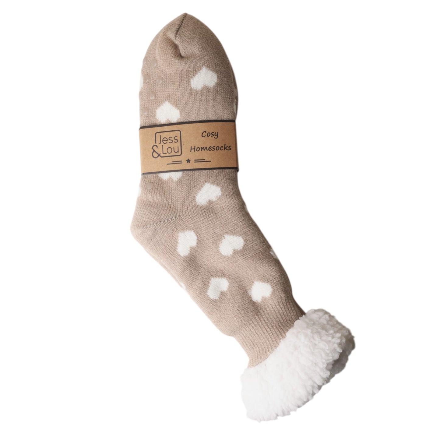 Taupe and cream heart super cosey fleece lined long slipper sock