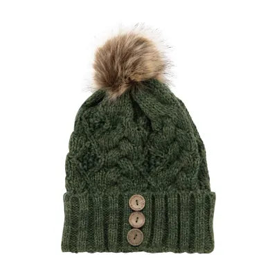 Aran cable knit button hat forest green