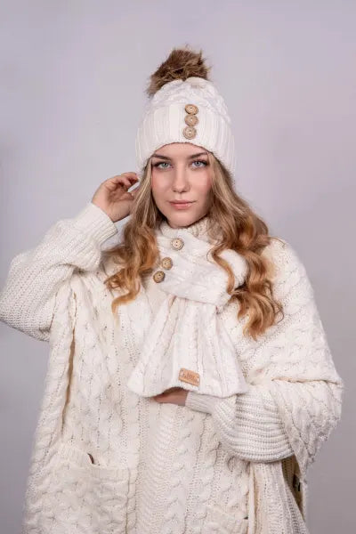 Aran cosey cable knit hat with button detailing