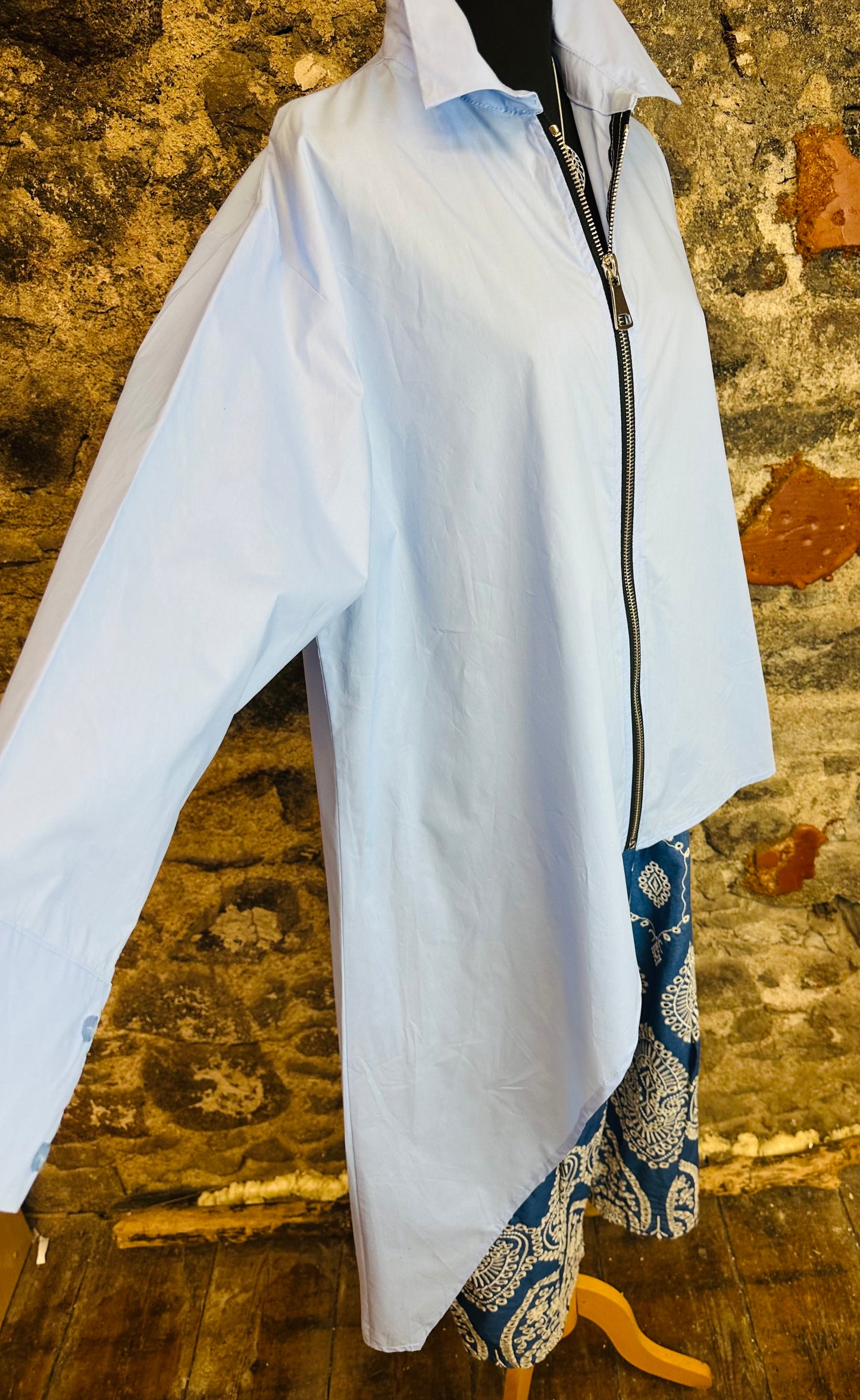 “Serrin “ powder blue asymmetric dramatic Italian shirt