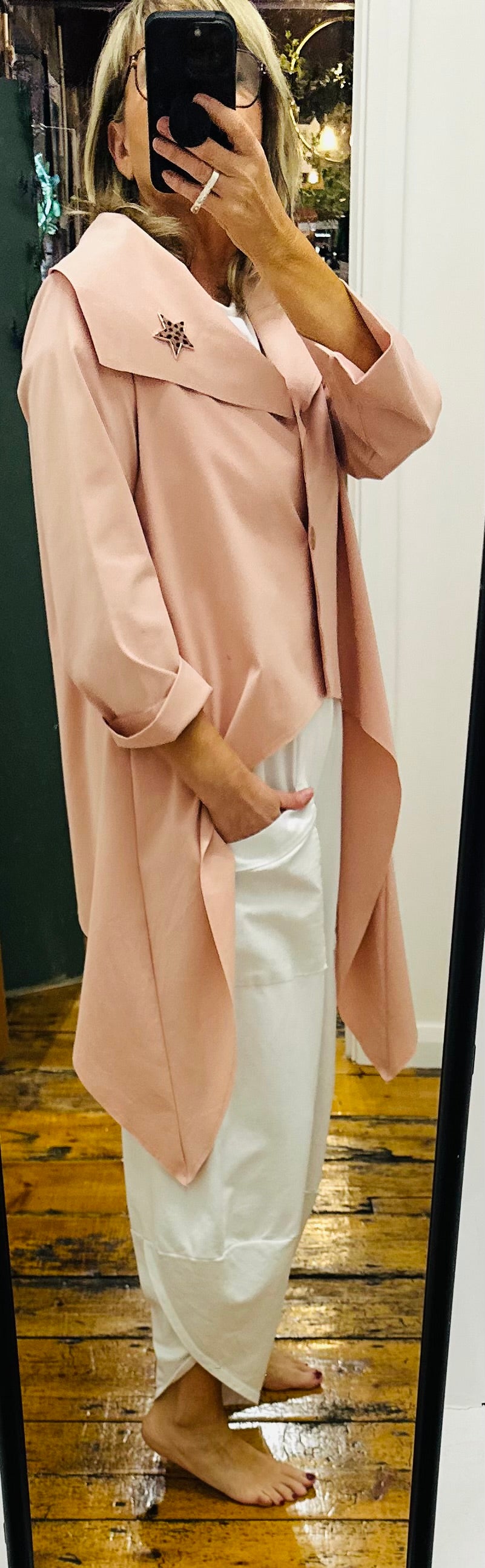 “Mira “ blush salmon Italian dipped hem jacket