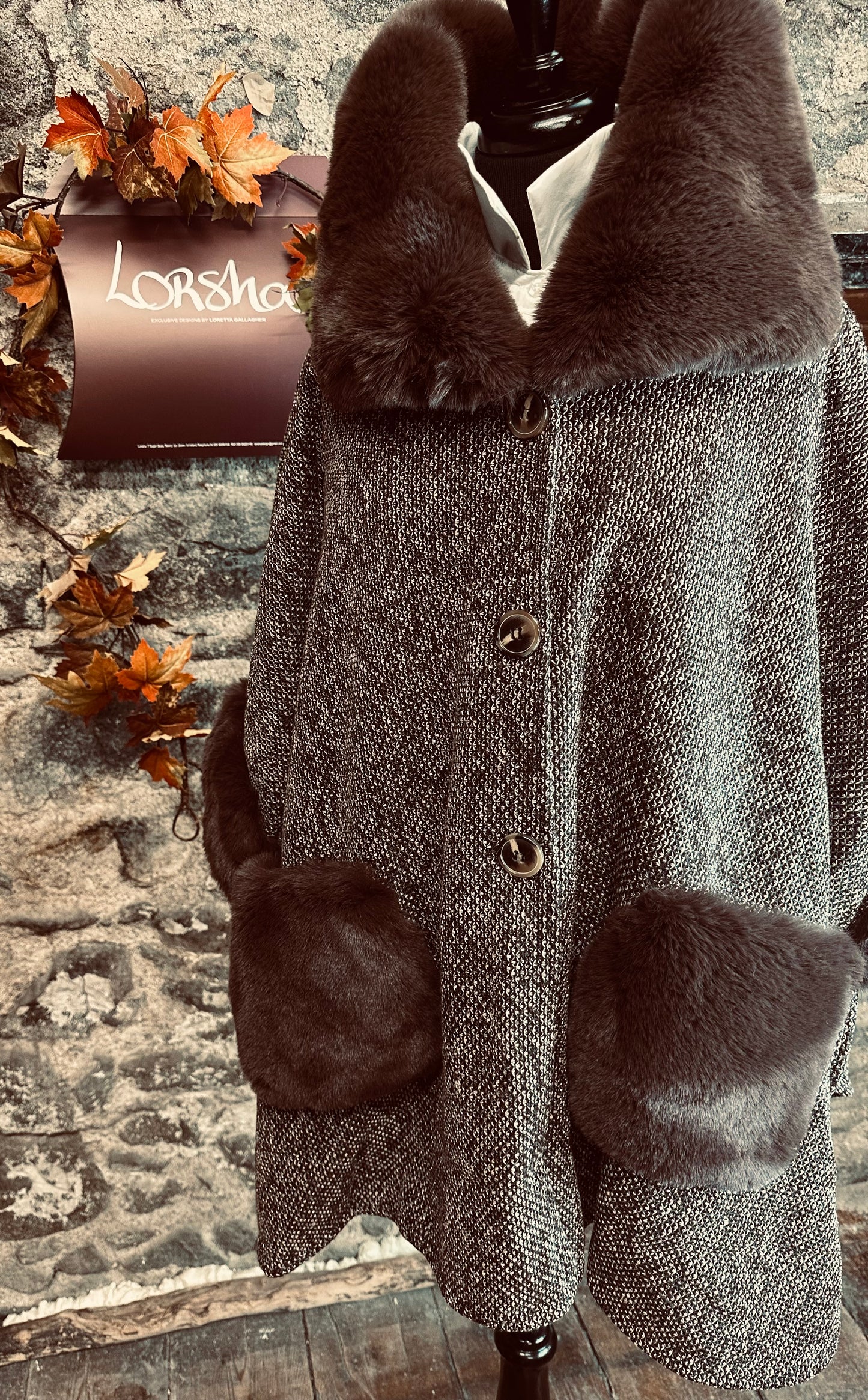 “Paula “ chocolate tweed coat Cape with vegan fur