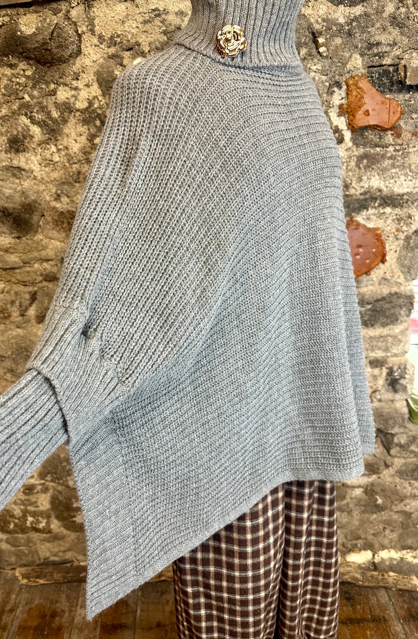 “Darina “ cloud grey high neck knit sleeved poncho