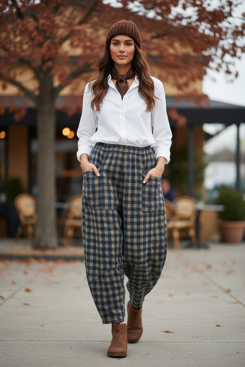 “Riley “ chocolate and teal plaid Italian cocoon pants