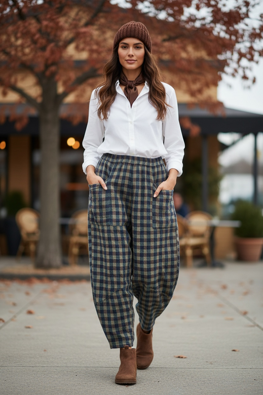 “Riley “ chocolate and teal plaid Italian cocoon pants