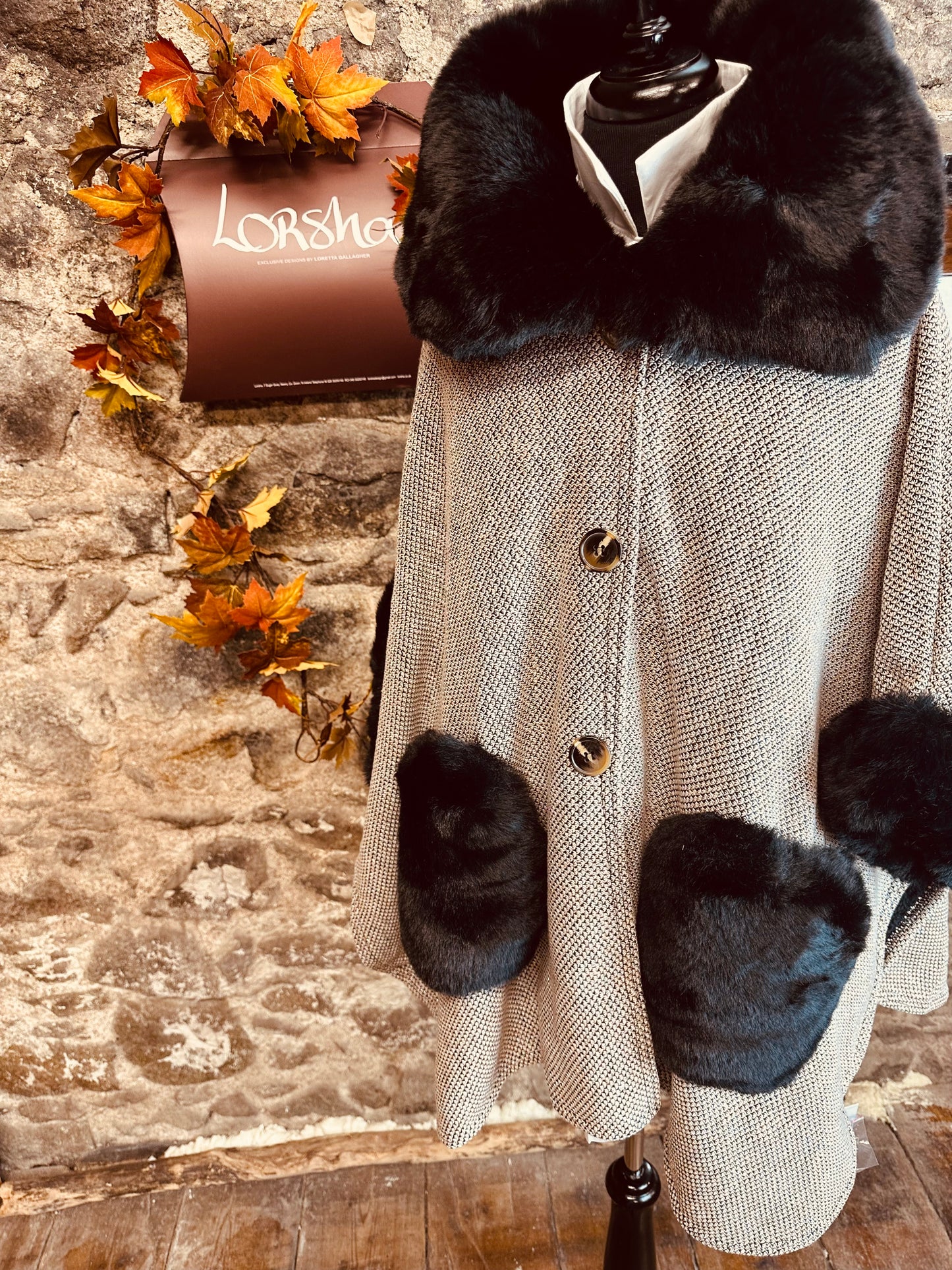 “Paula “ cream and chocolate cosey vegan fur cape jacket