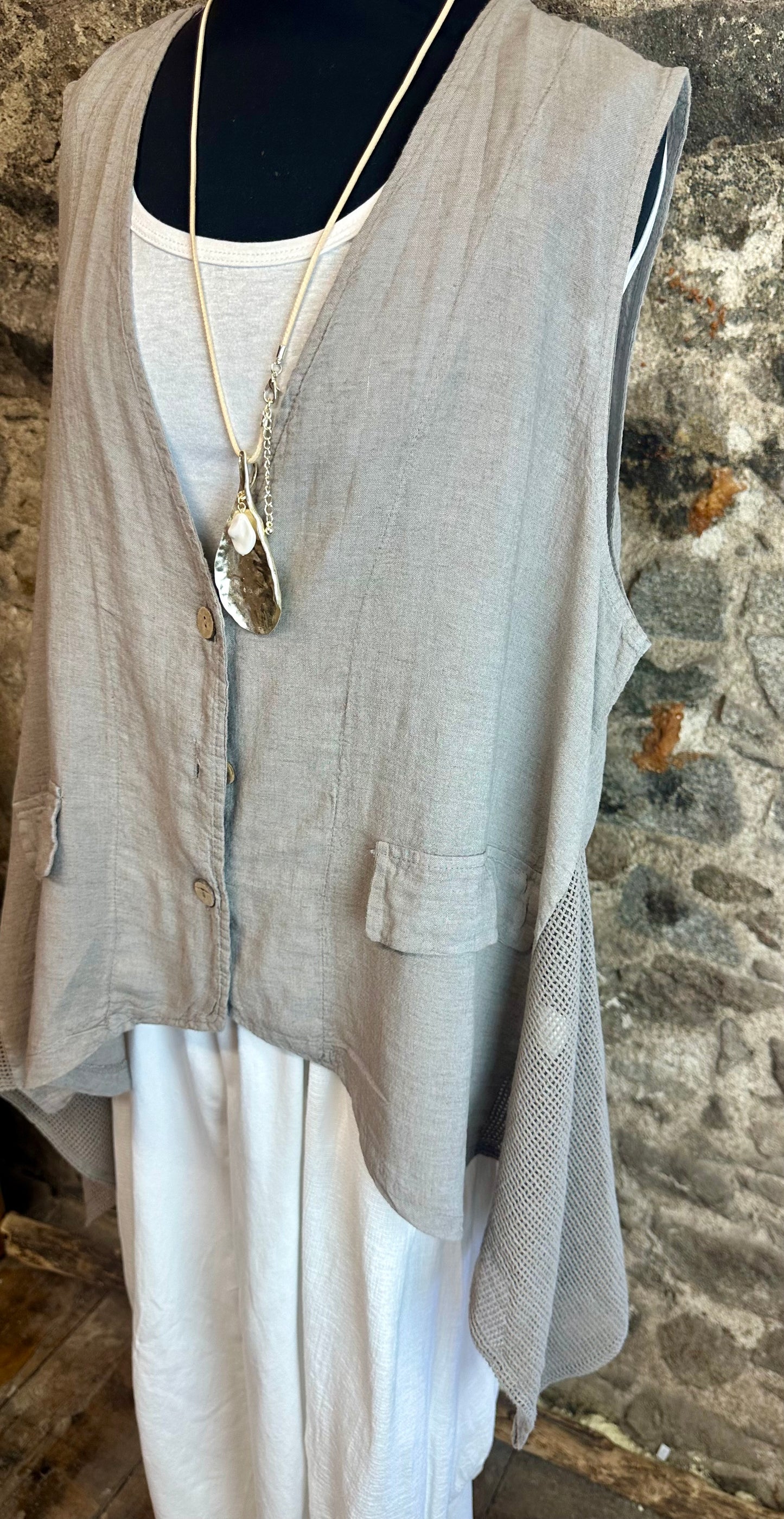 “Daisy “ mocha Italian asymmetric Italian linen waist coat