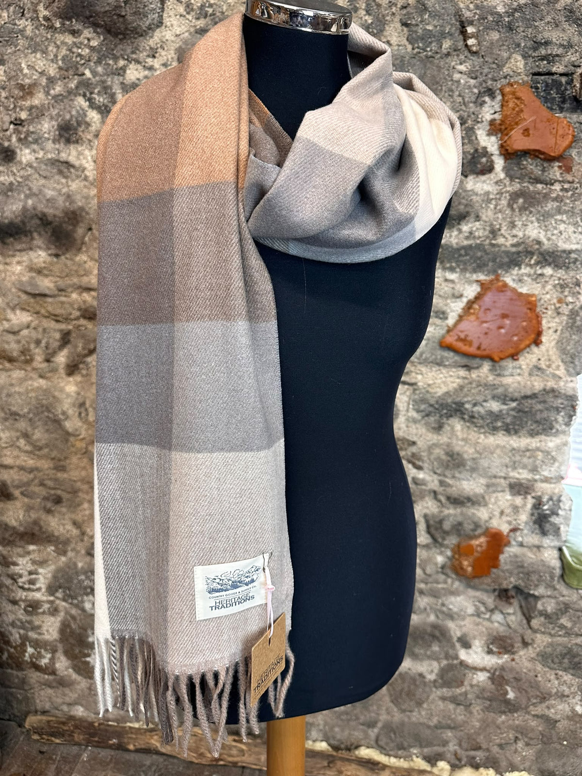 Camel and soft grey heritage plaid wool wrap