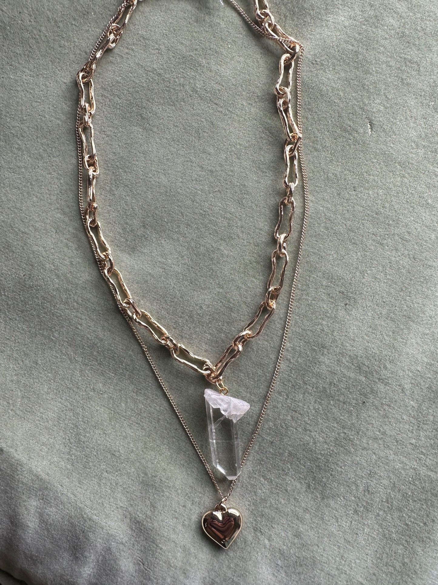 Gold plated layered crystal and heart neckpiece