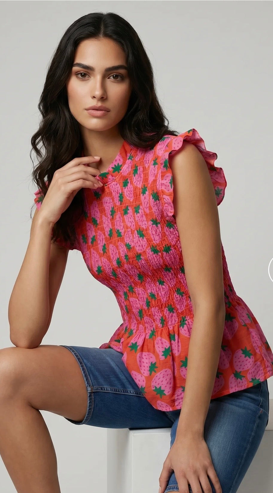 “Mandy “ french Summer peplum strawberry and coral top