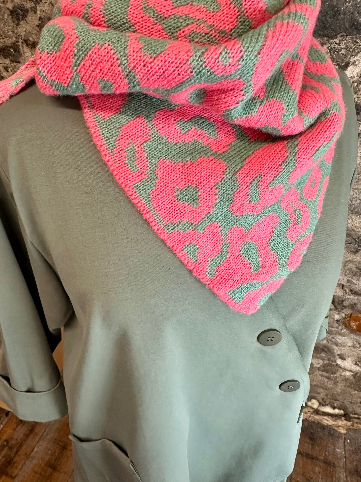 Coral and sage triangle knit scarf