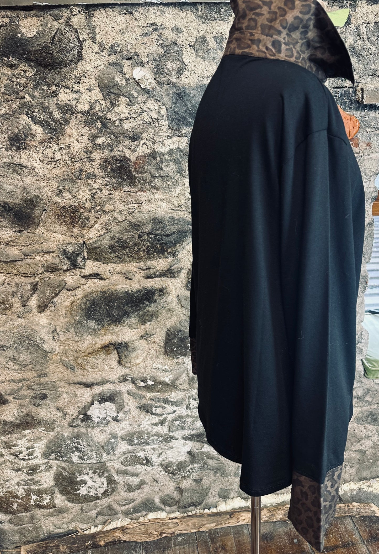 “Lou Lou “ jet black collared animal print Italian shirt