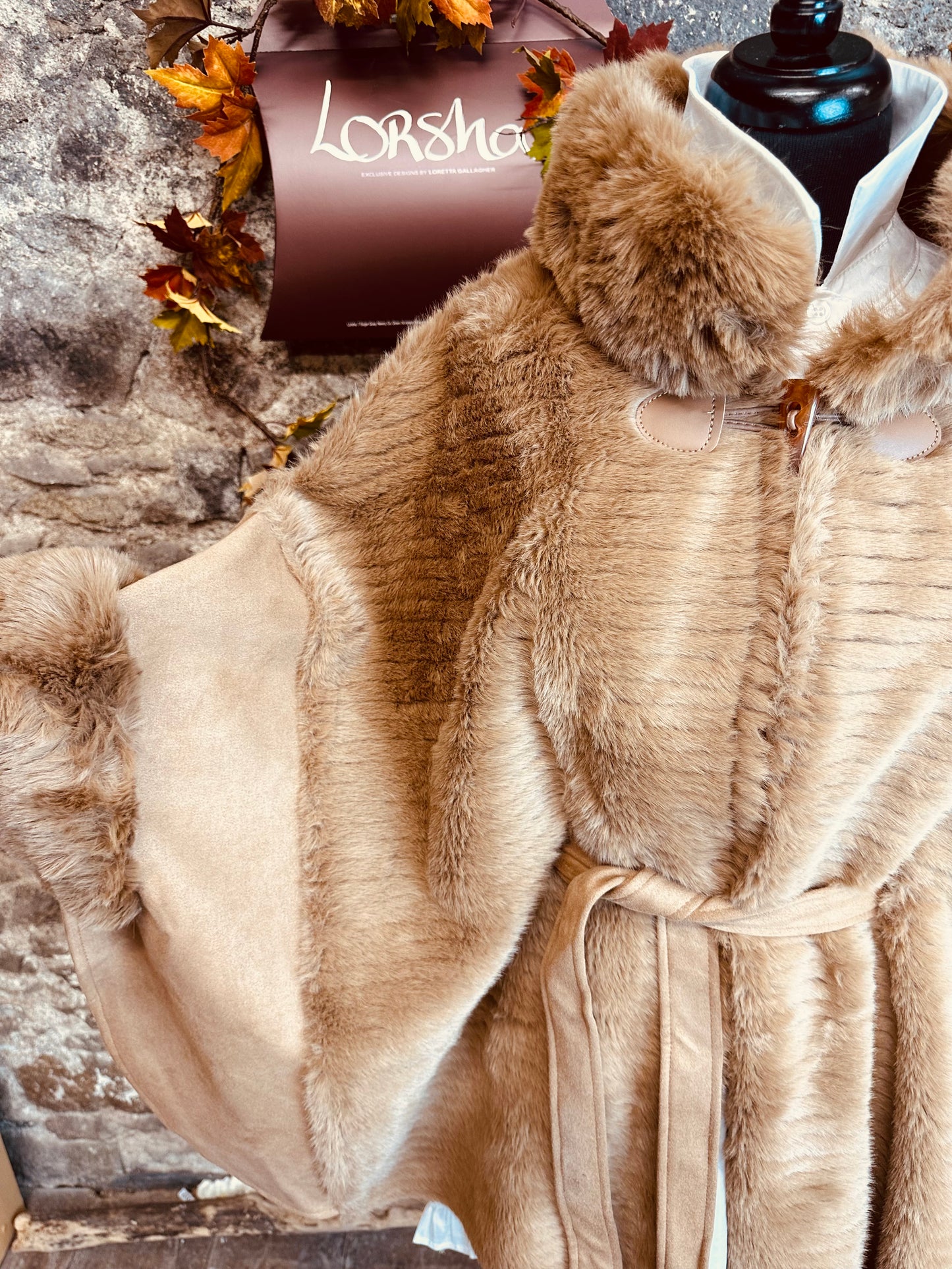 “Regina” bronze  Suedette vegan fur cape coat