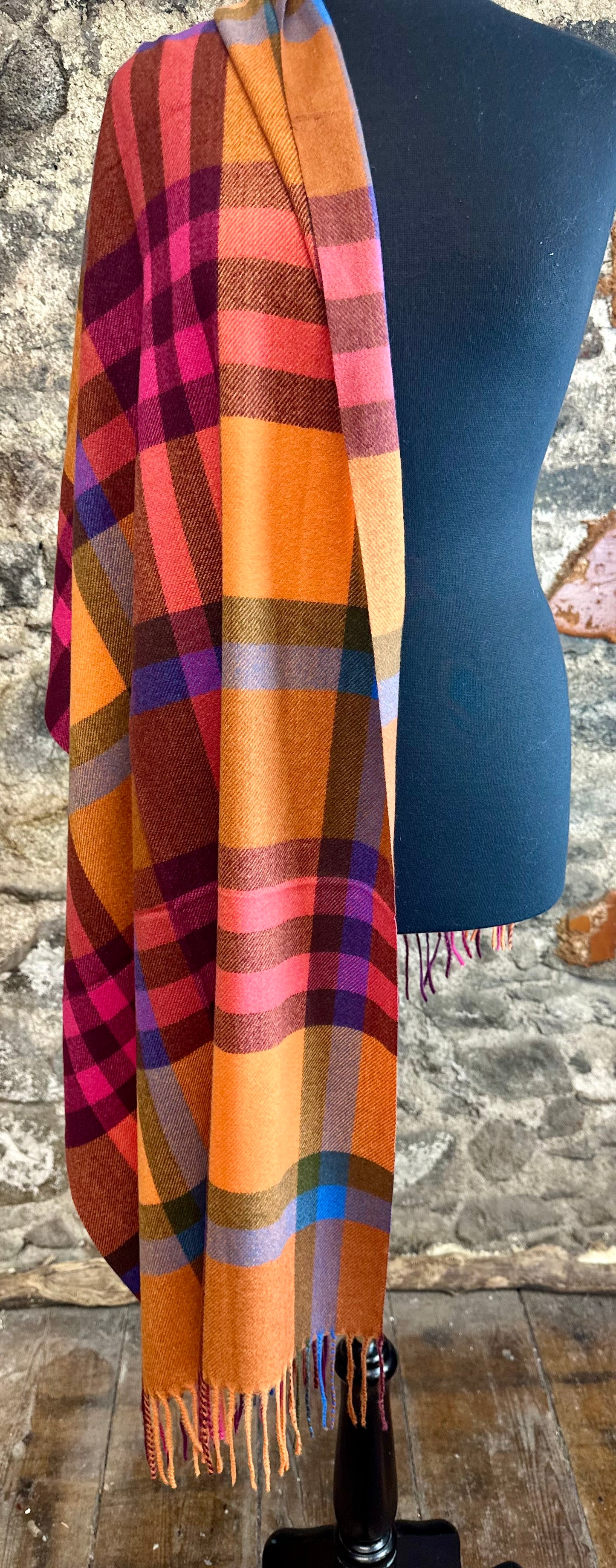 Super soft wool mix rainbow warm terocotta and cerise  plaid wrap