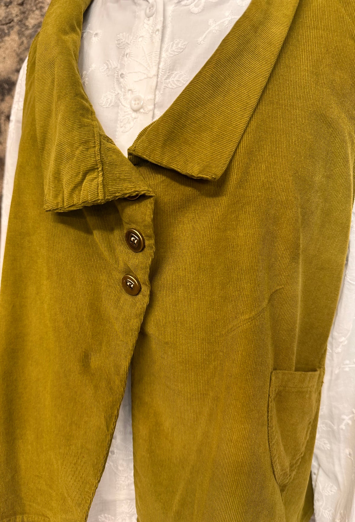 “Kellie” orchard green pin corduroy Italian waistcoat
