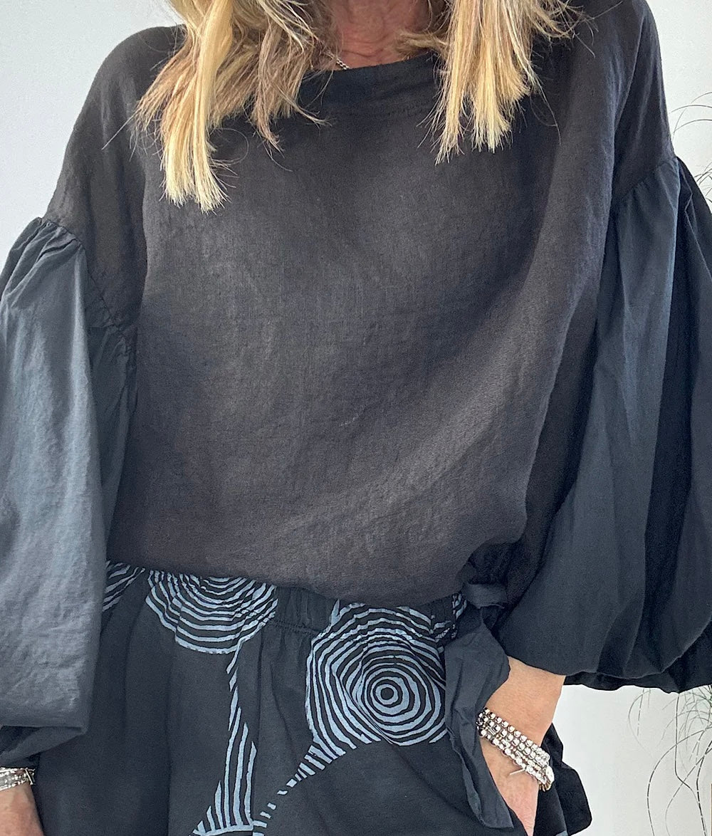 “Petra “ black linen cotton sleeve Italian blouse