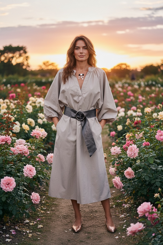 “Steffi “ collarless Italian puffball sleeve  tunic ..mocha