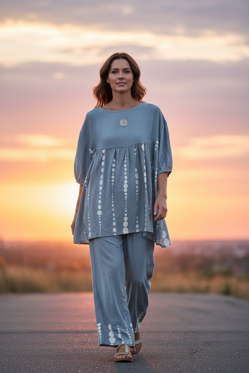 “Davina “ cloudy blue Italian gathered empire line tunic