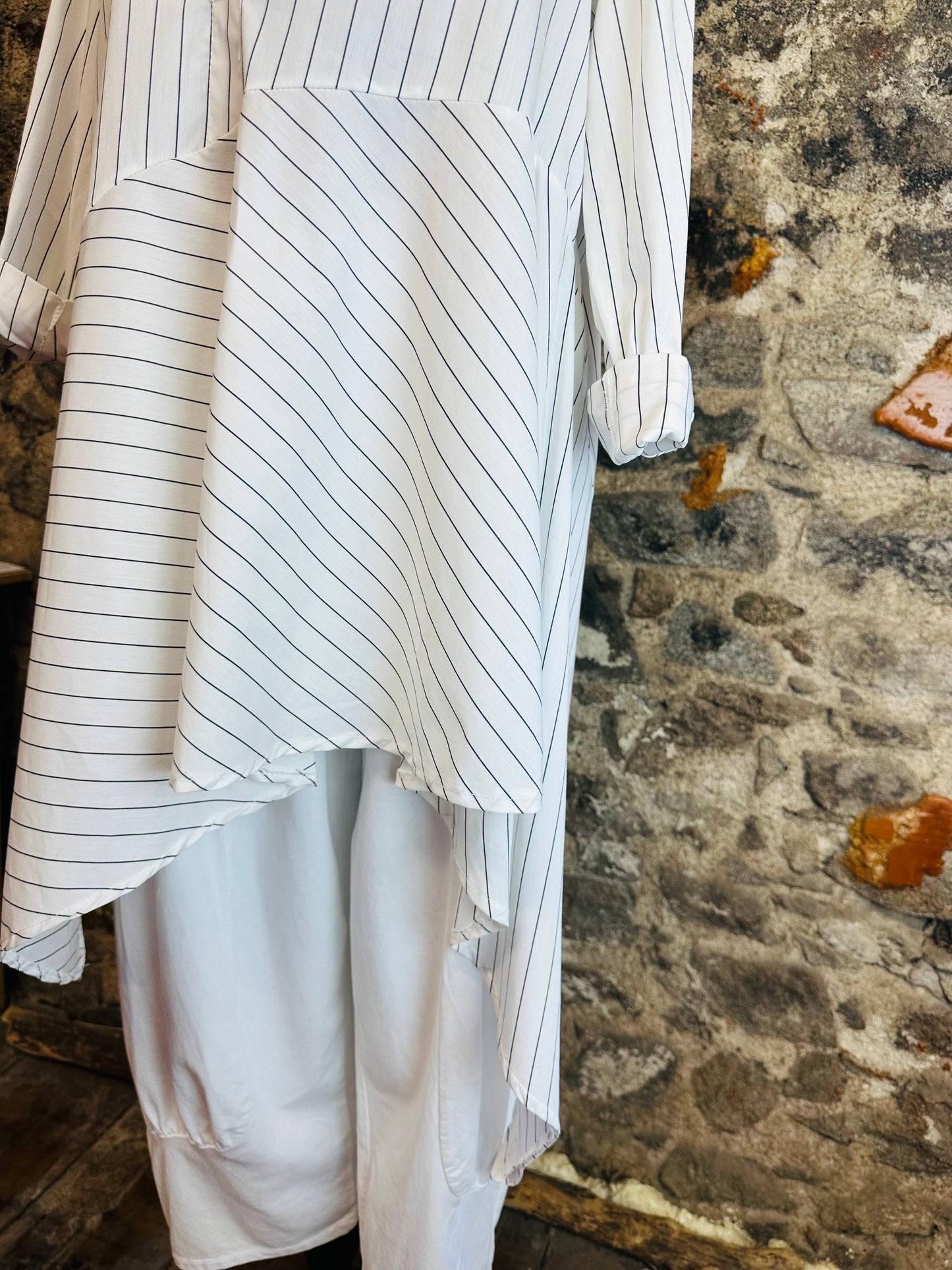 “Sofia “ Italian asymmetric dress shirt white pinstriped
