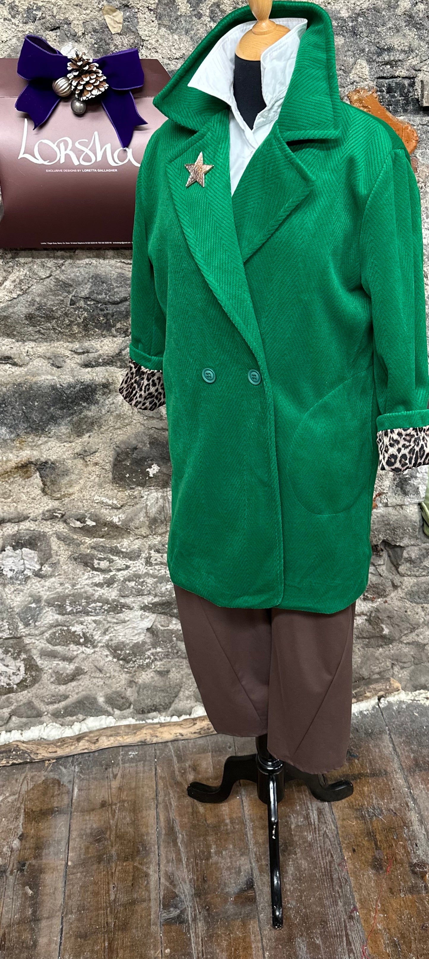 “Lydia “ chevron corduroy emerald Italian dress coat