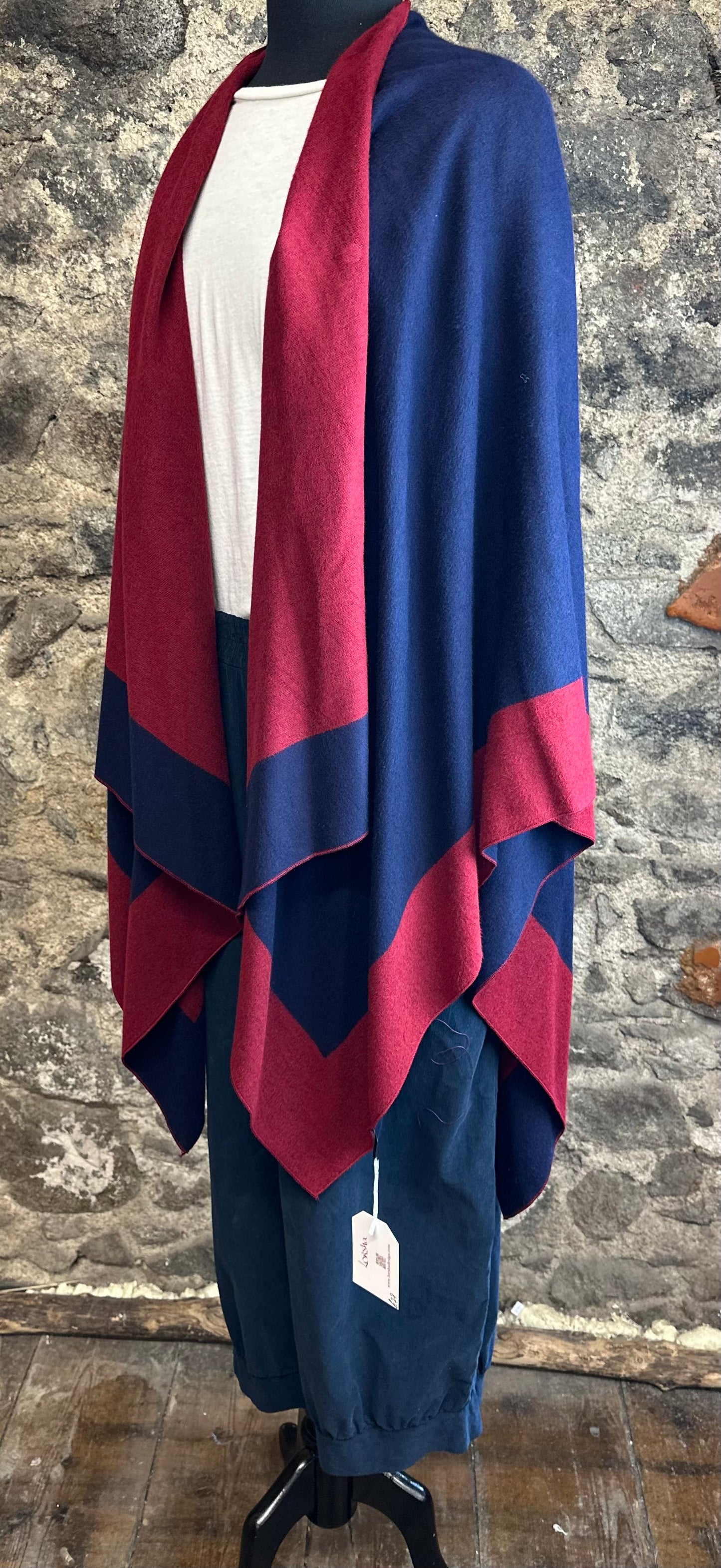 “Roberta “ wine and navy reversible fine wool mix wrap
