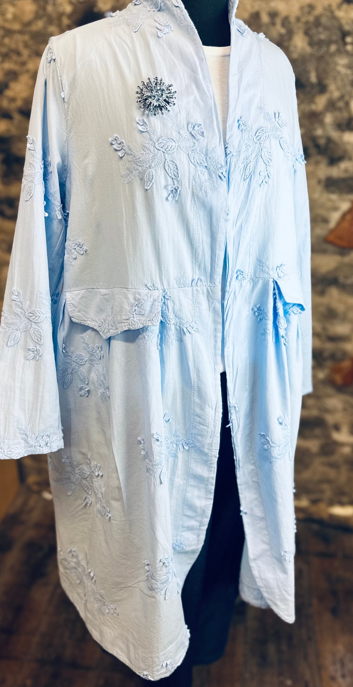 “Moira “Wedgwood blue Italian cotton appliqué dress coat