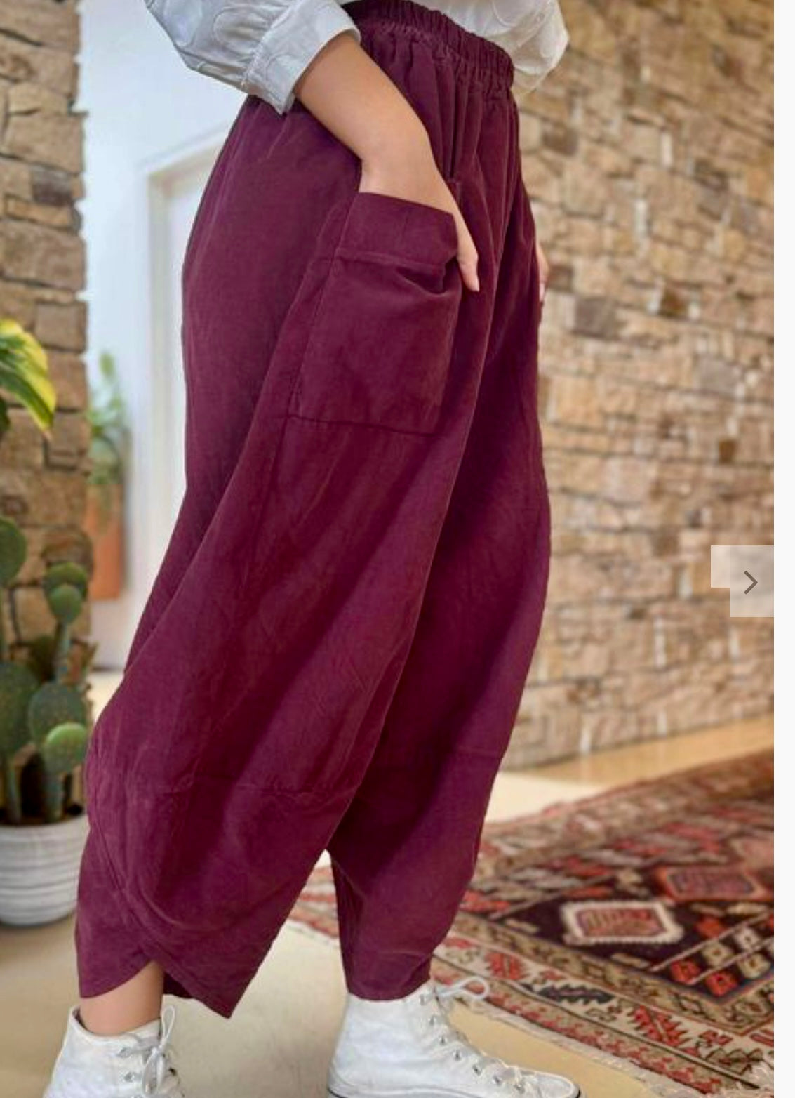 “Toni “ burgundy pin corduroy Italian cocoon trousers