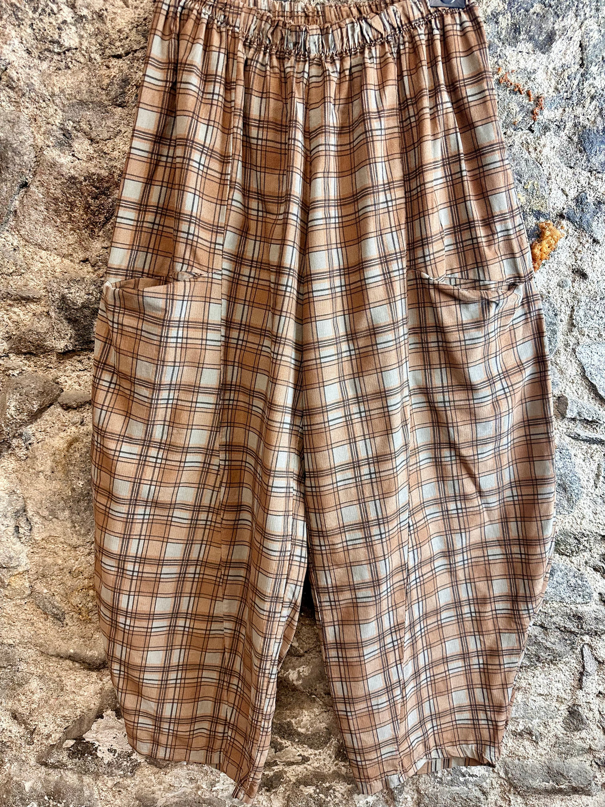 “Victoria “ tangerine and beige / grey plaid fine corduroy barrell leg trousers