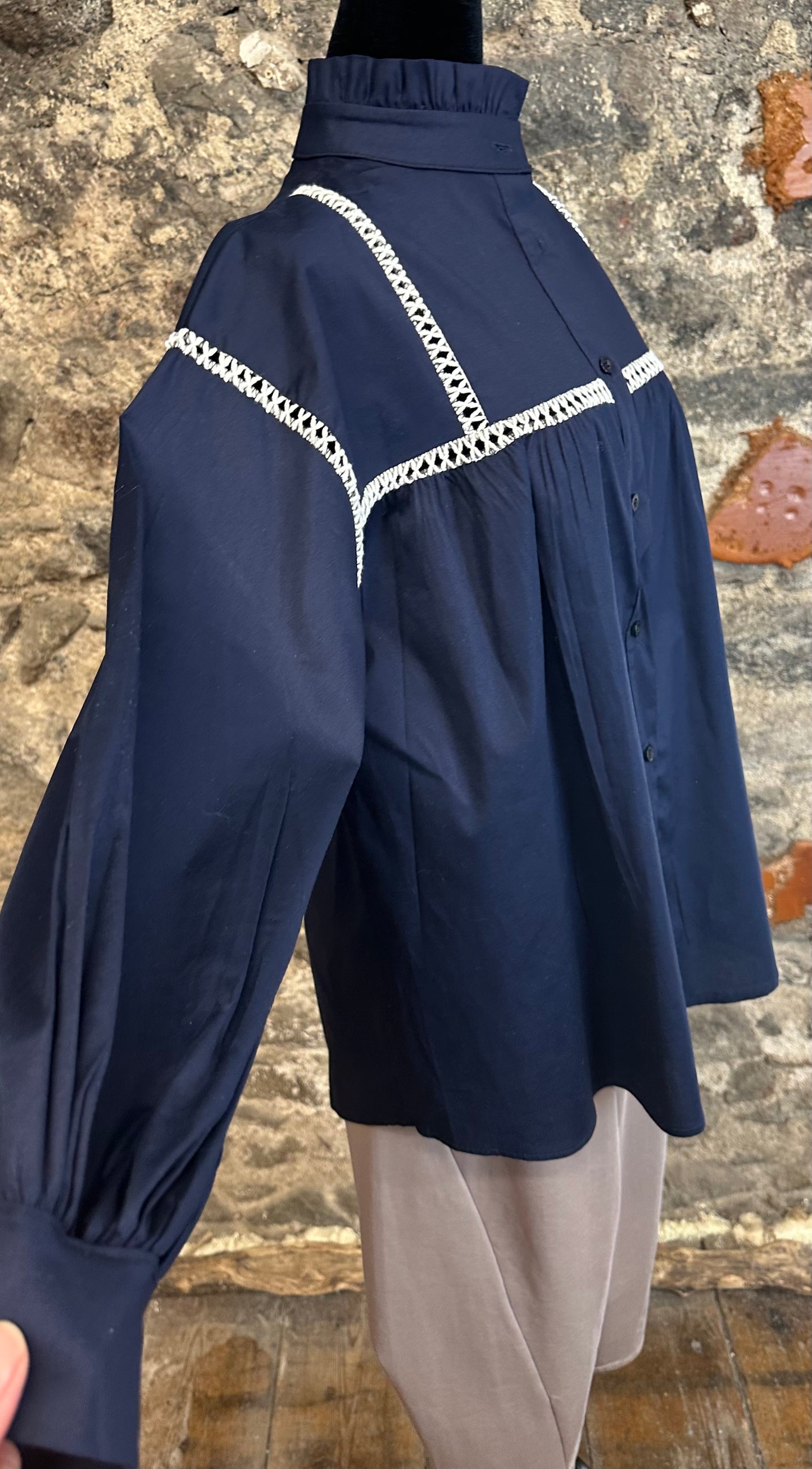 “Annabelle” indigo Italian ruffle collar dress shirt