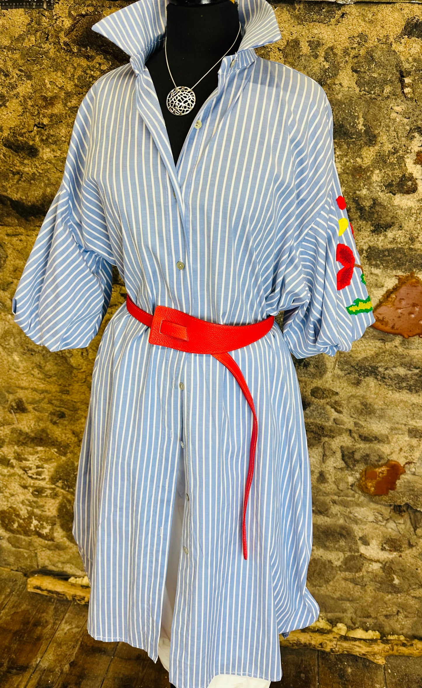 “Trina “ Italian blue stripe long dress shirt